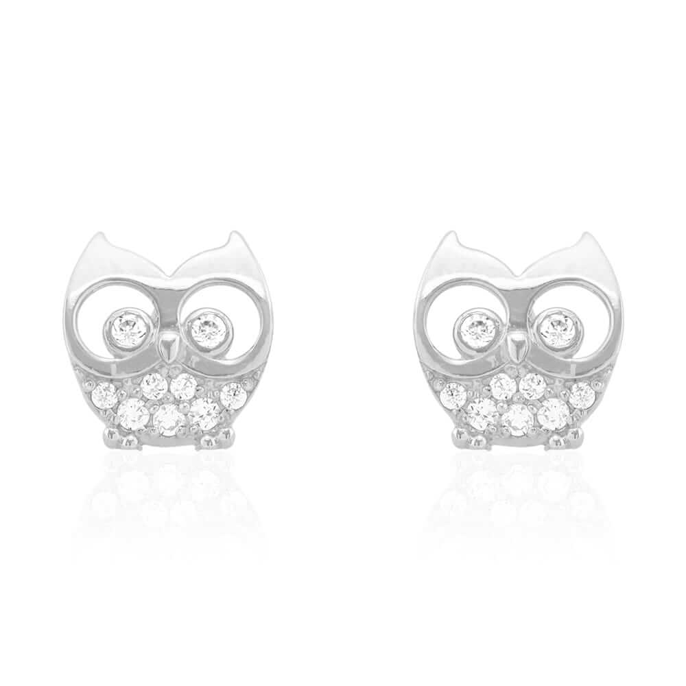 14k Yellow & White Gold Zircon Owl Shaped Screwback Stud Kid Earrings