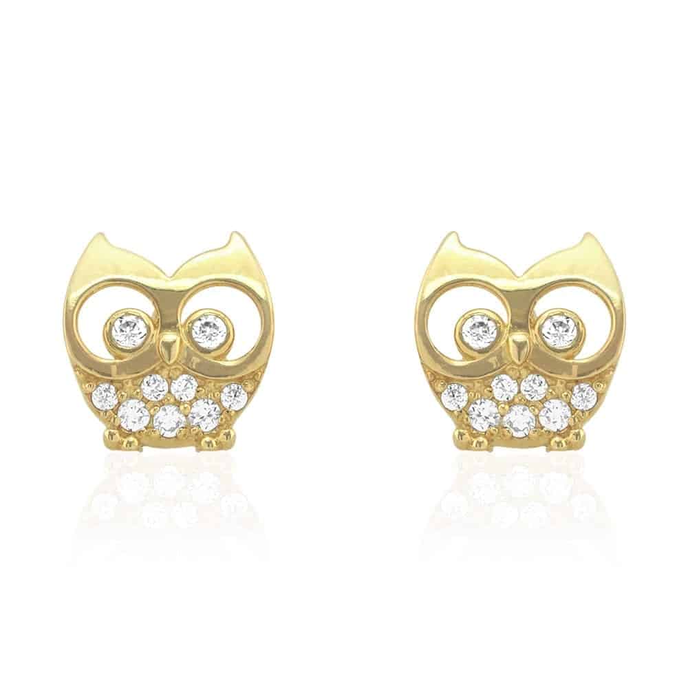 14k Yellow & White Gold Zircon Owl Shaped Screwback Stud Kid Earrings