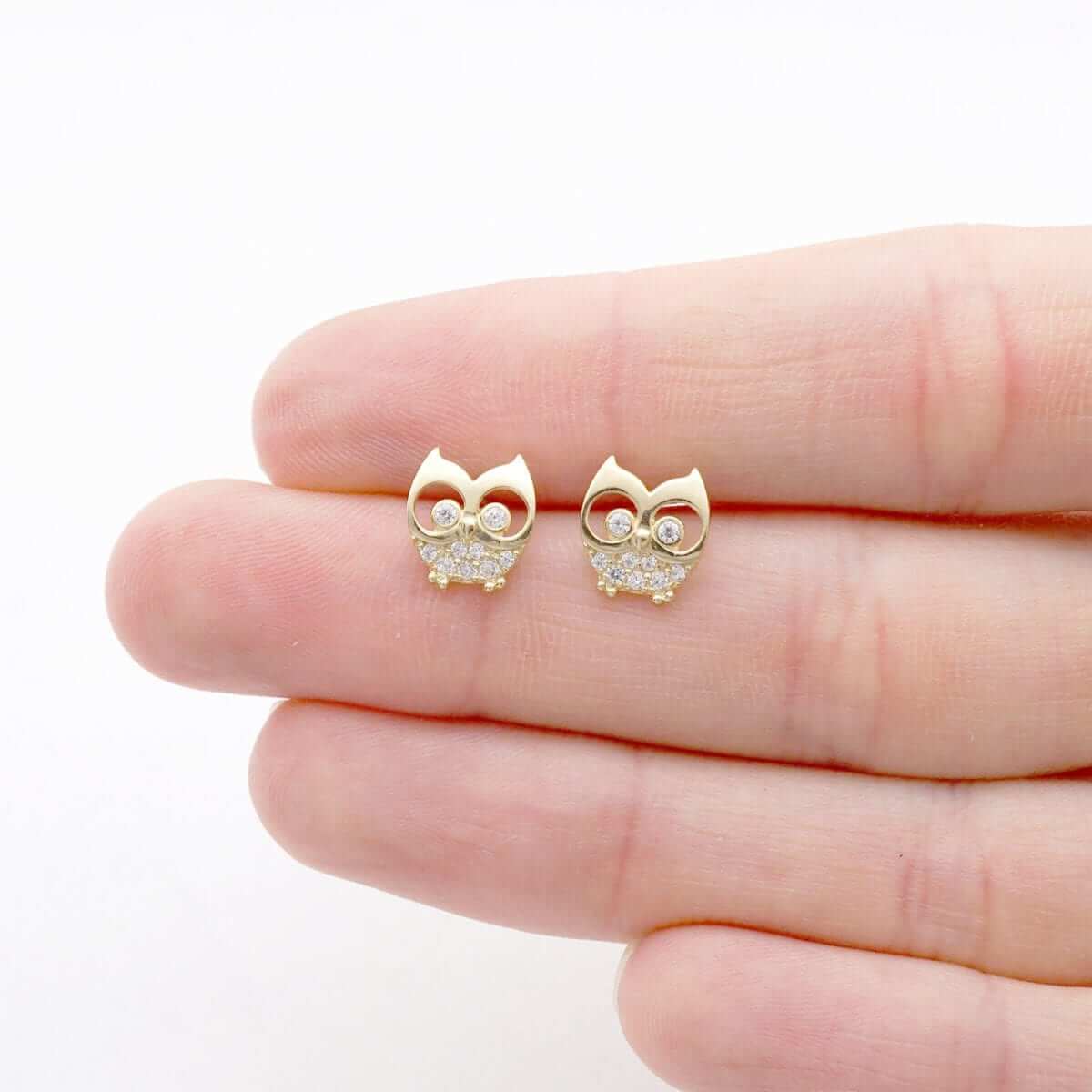 14k Yellow & White Gold Zircon Owl Shaped Screwback Stud Kid Earrings