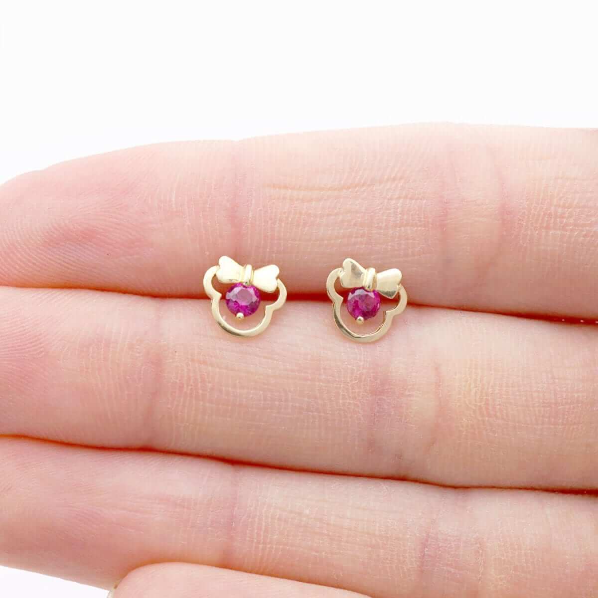 14k Yellow & White Gold Small Gemstone Mouse Head Screwback Stud Kid Earrings