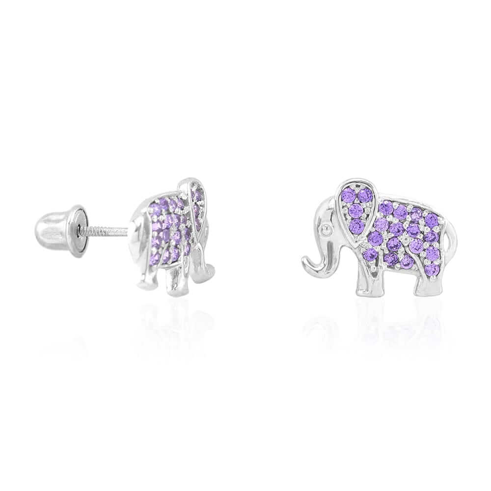 Kids 14K Yellow Gold White Gemstone Elephant Screwback Stud Earrings