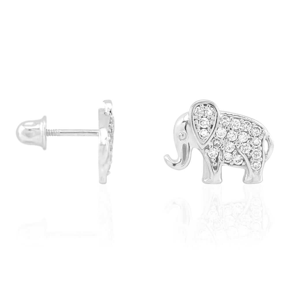 Kids 14K Yellow Gold White Gemstone Elephant Screwback Stud Earrings