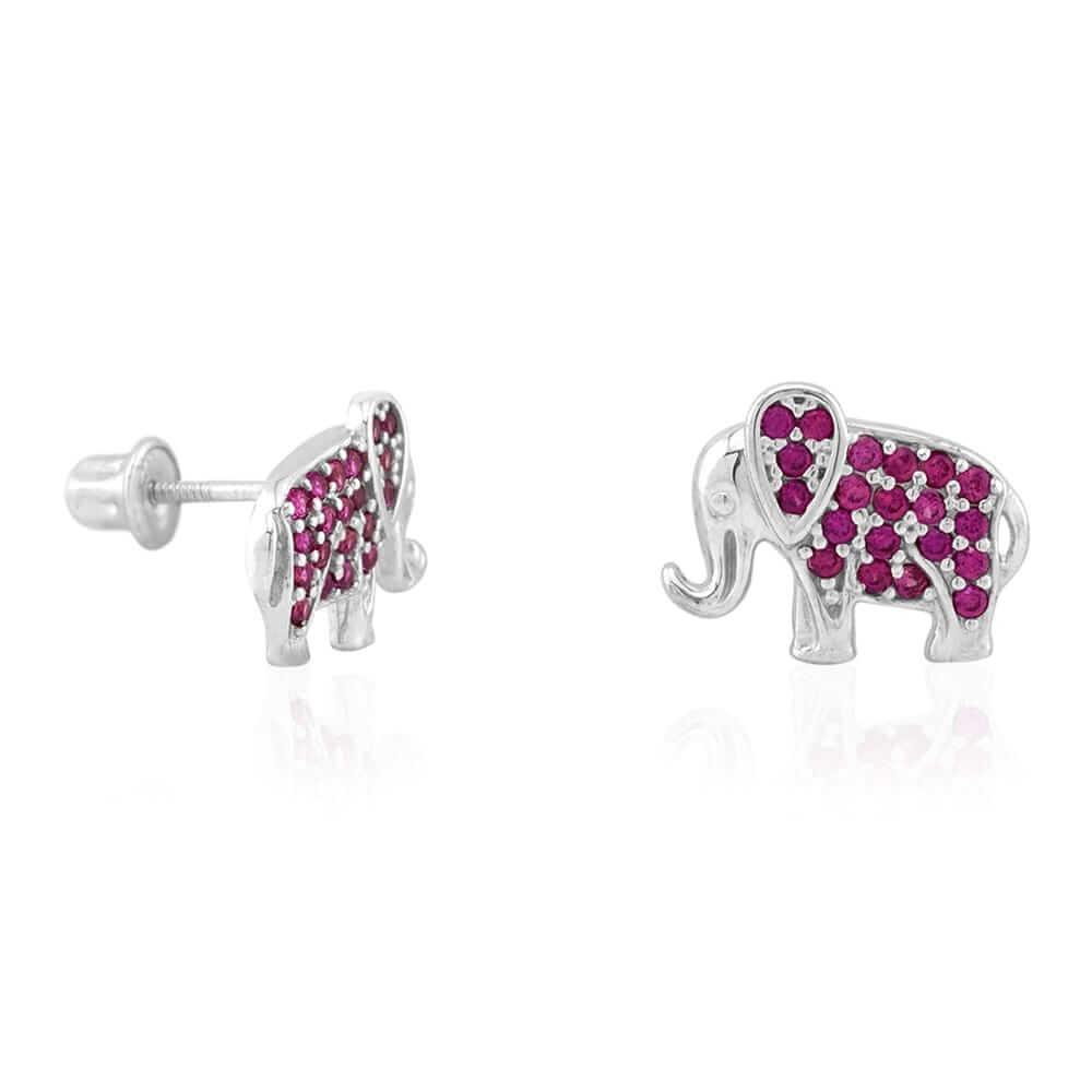 Kids 14K Yellow Gold White Gemstone Elephant Screwback Stud Earrings