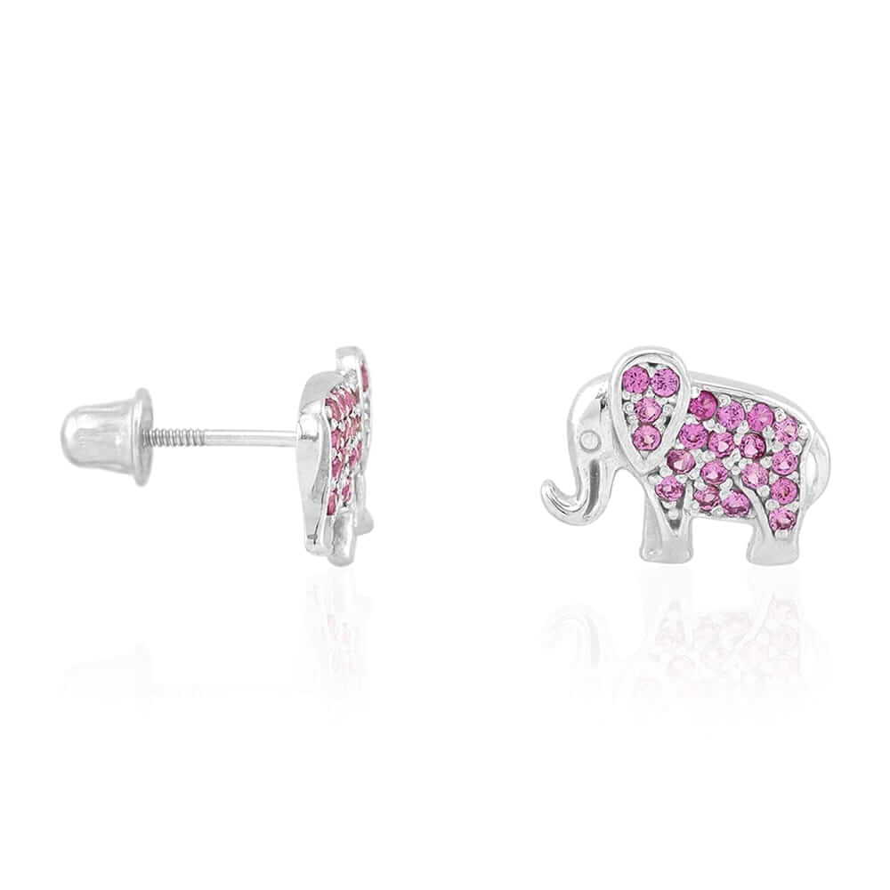 Kids 14K Yellow Gold White Gemstone Elephant Screwback Stud Earrings