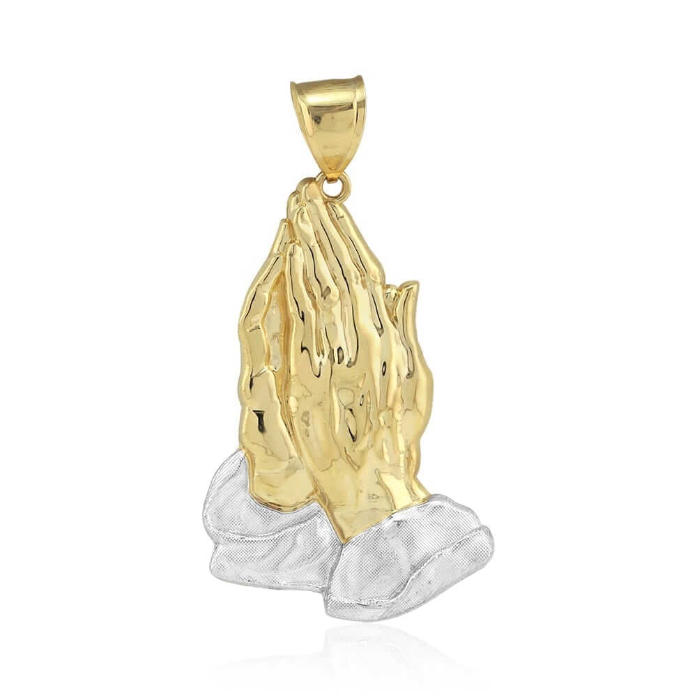 10k Two-Tone Gold Textured Diamond-Cut Praying Hands Pendant 1.18"-4"