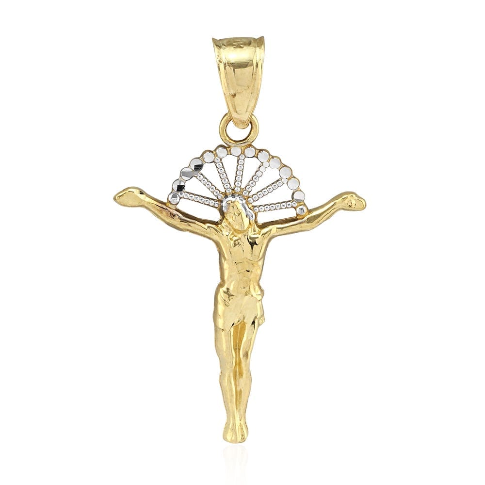 10K Gold Yellow White Diamond-Cut Jesus With Halo Crucifix Pendant 1.18"-1.77"
