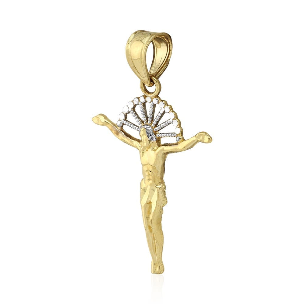 10K Gold Yellow White Diamond-Cut Jesus With Halo Crucifix Pendant 1.18"-1.77"