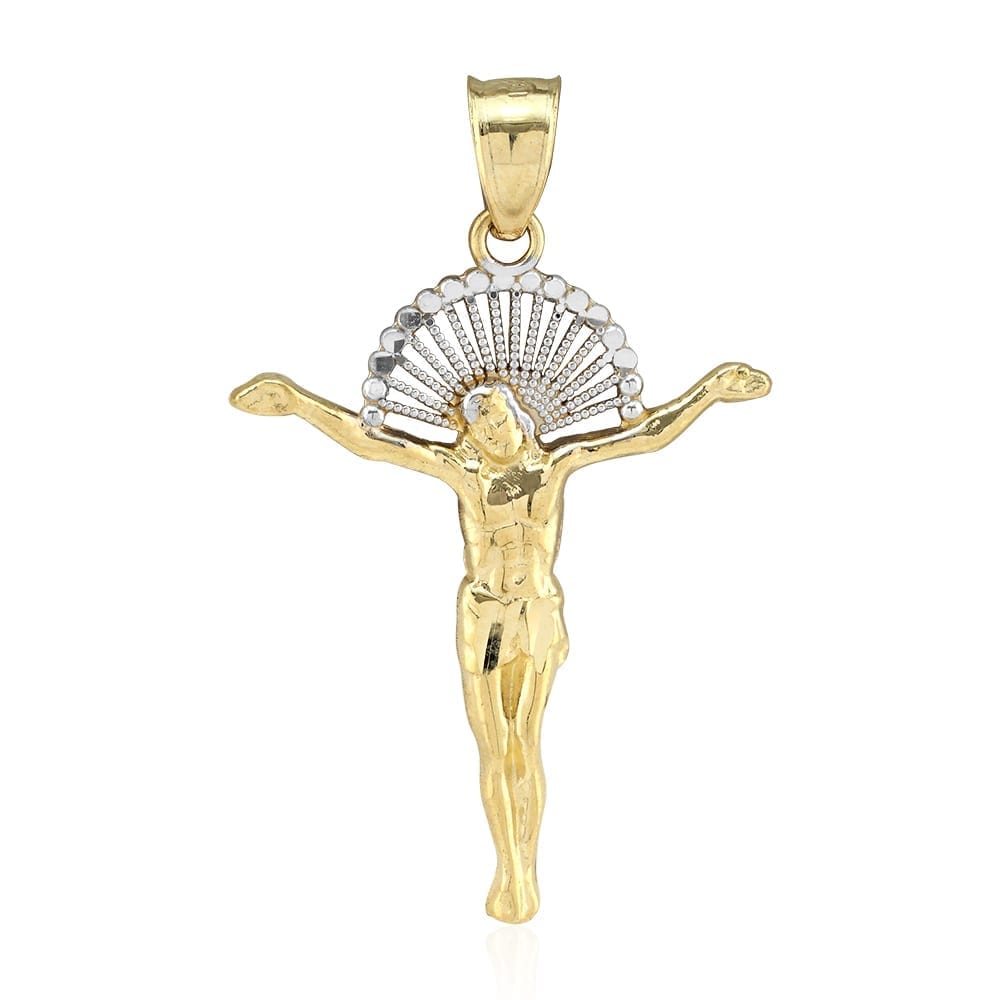 10K Gold Yellow White Diamond-Cut Jesus With Halo Crucifix Pendant 1.18"-1.77"