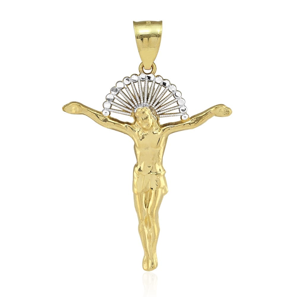 10K Gold Yellow White Diamond-Cut Jesus With Halo Crucifix Pendant 1.18"-1.77"