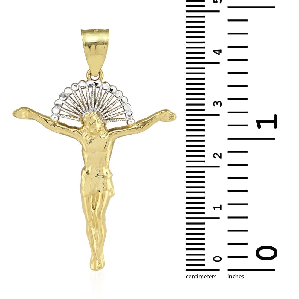 10K Gold Yellow White Diamond-Cut Jesus With Halo Crucifix Pendant 1.18"-1.77"