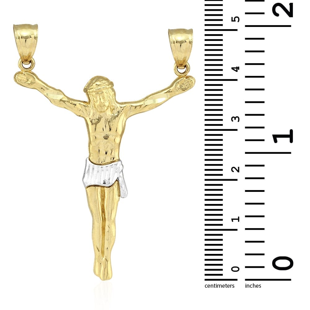 10k Solid Yellow & White Gold Double Bail Diamond Cut Jesus Crucifix Pendant