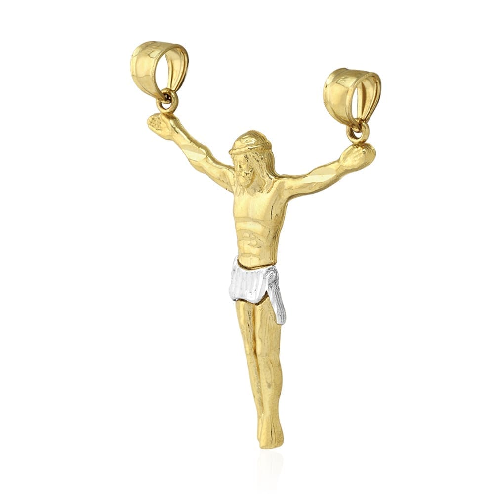 10k Solid Yellow & White Gold Double Bail Diamond Cut Jesus Crucifix Pendant