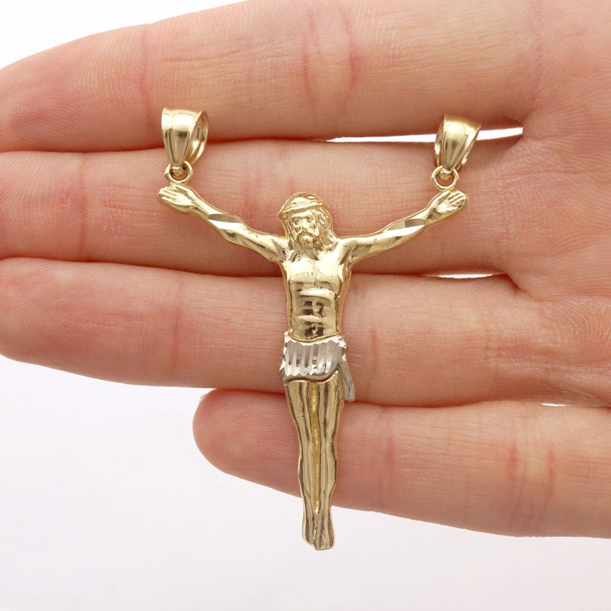 10k Solid Yellow & White Gold Double Bail Diamond Cut Jesus Crucifix Pendant