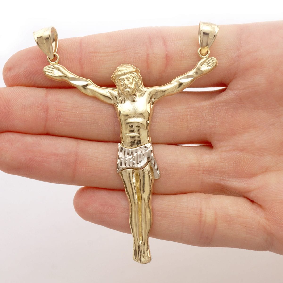 10k Solid Yellow & White Gold Double Bail Diamond Cut Jesus Crucifix Pendant