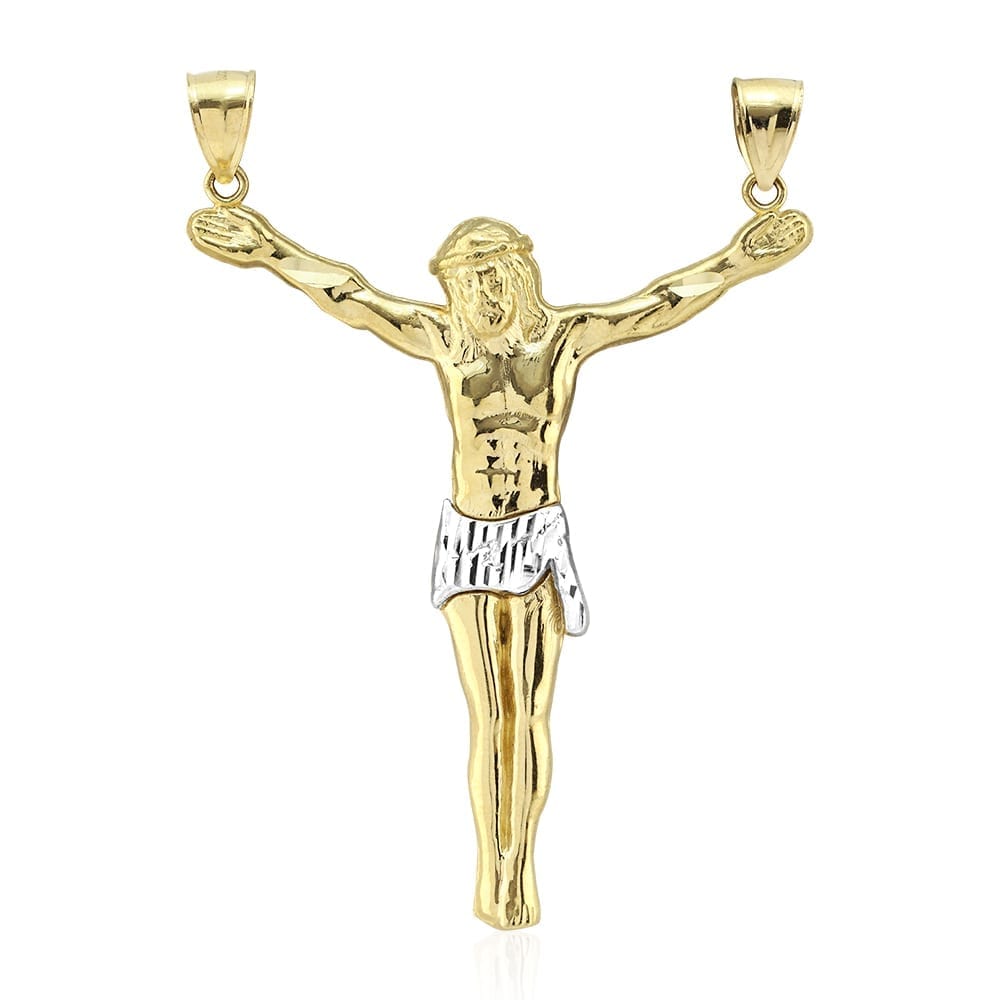 10k Solid Yellow & White Gold Double Bail Diamond Cut Jesus Crucifix Pendant