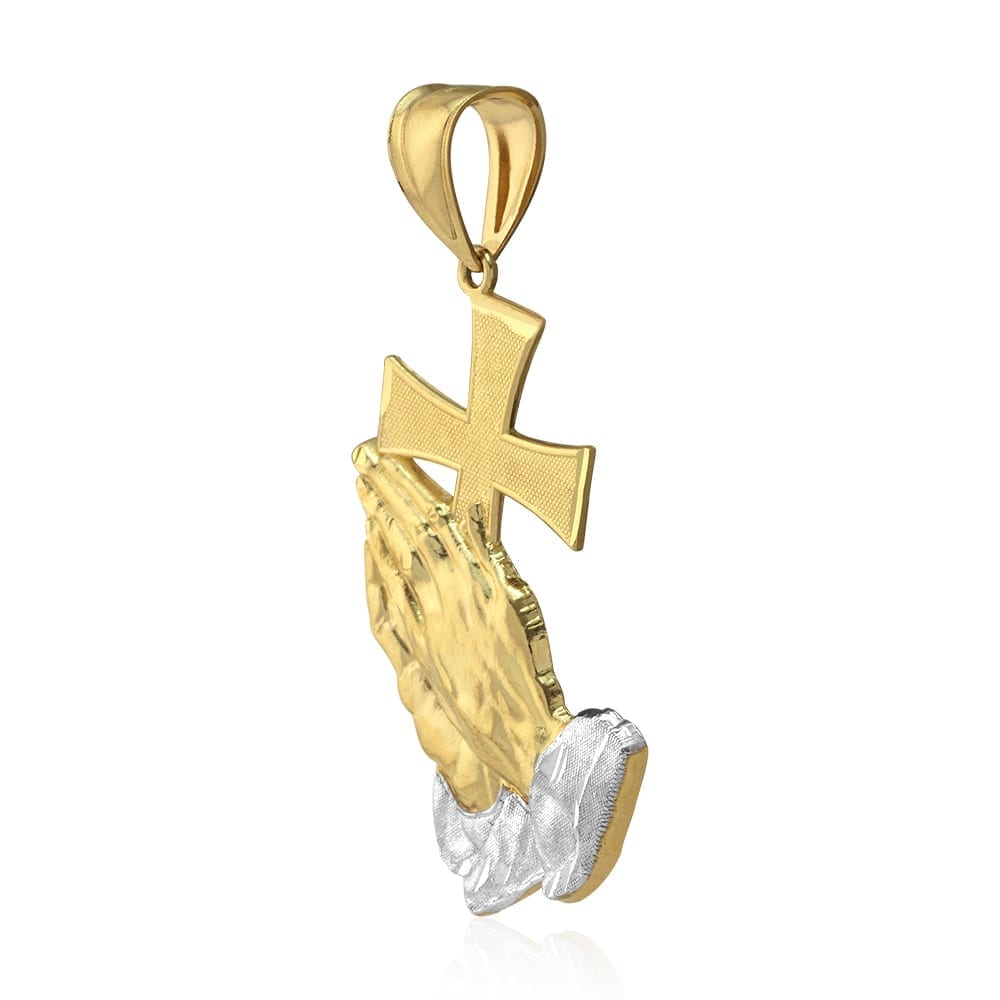 10K Real Gold Diamond-Cut Cross Praying Hands Religious Charm Pendant