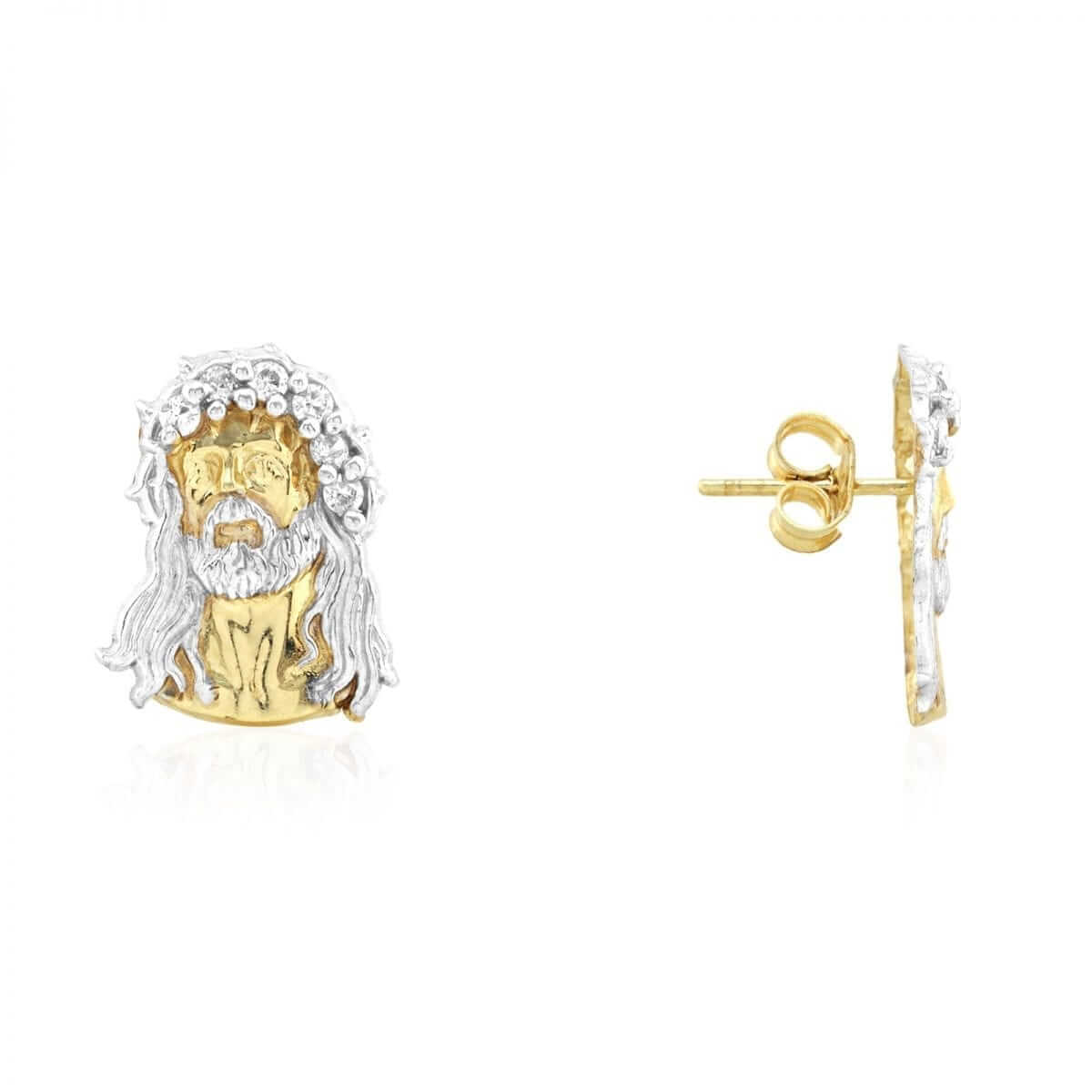 10k Yellow & White Gold CZ Jesus Head Pushback Stud Earrings