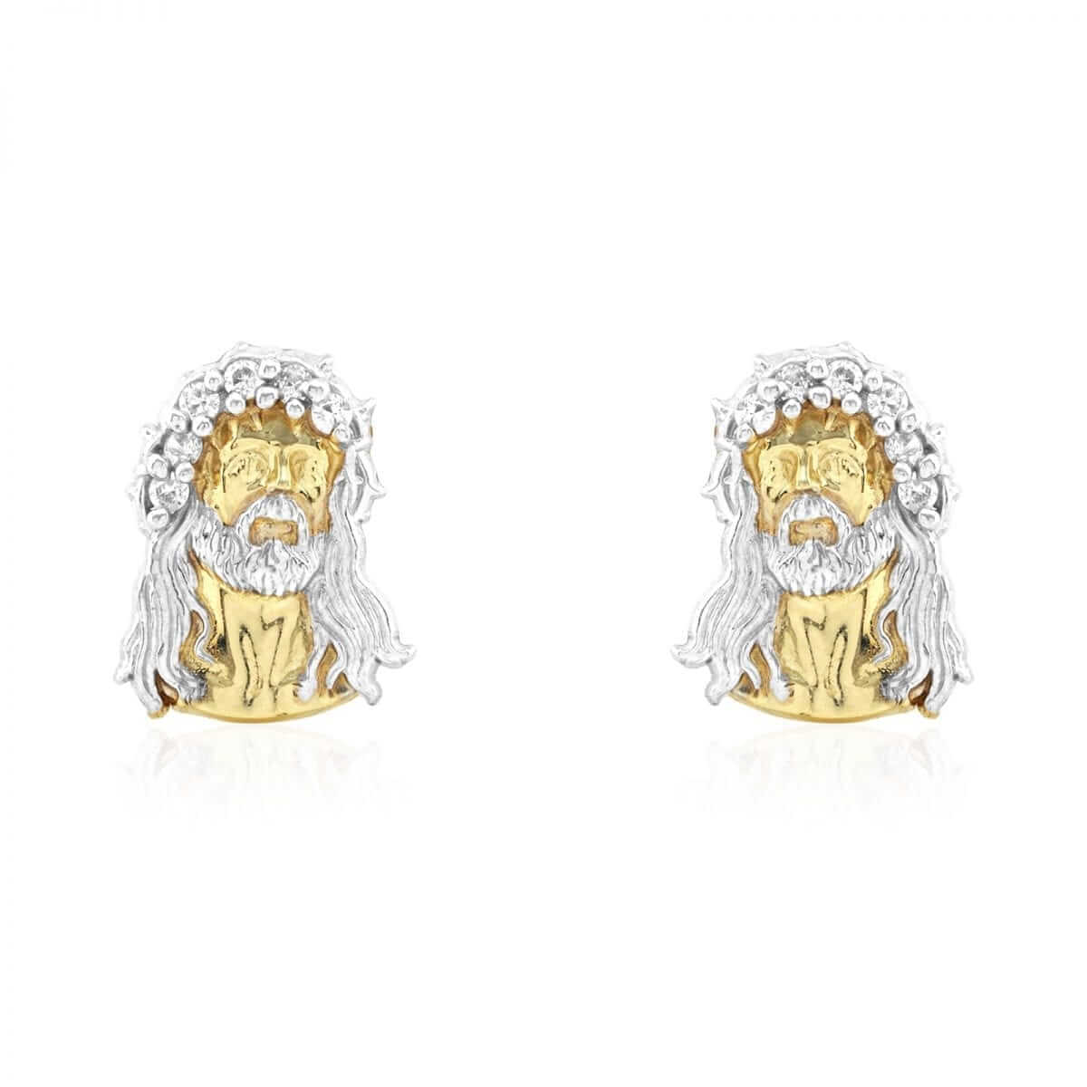 10k Yellow & White Gold CZ Jesus Head Pushback Stud Earrings