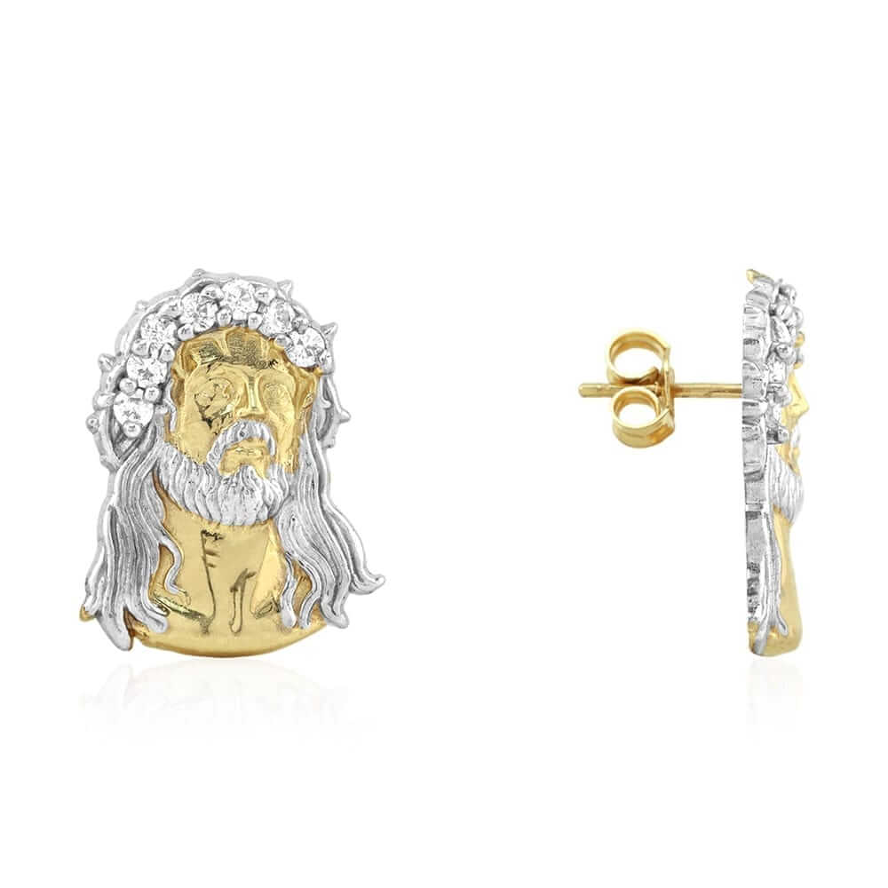 10k Yellow & White Gold CZ Jesus Head Pushback Stud Earrings
