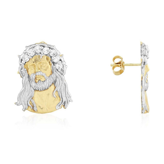 10k Yellow & White Gold CZ Jesus Head Pushback Stud Earrings