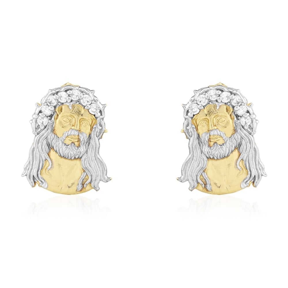 10k Yellow & White Gold CZ Jesus Head Pushback Stud Earrings