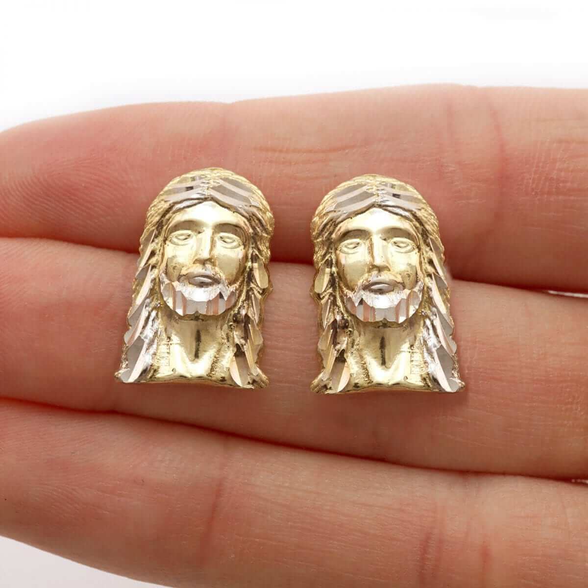 10K Gold Diamond-Cut Jesus Head Face Butterfly Pushback Stud Earrings