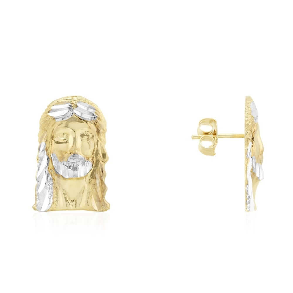 10K Gold Diamond-Cut Jesus Head Face Butterfly Pushback Stud Earrings