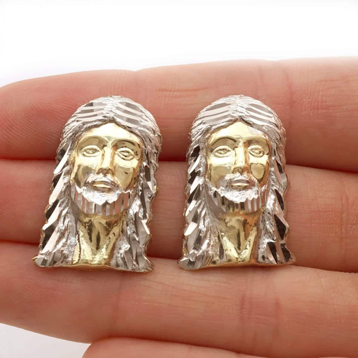 10K Real Gold Diamond-Cut Jesus Head Face Butterfly Pushback Stud Earrings