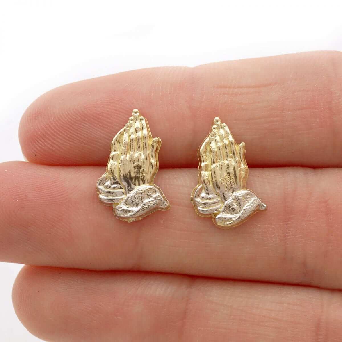 10k Yellow & White Gold Textured Praying Religious Hands Pushback Stud Earrings