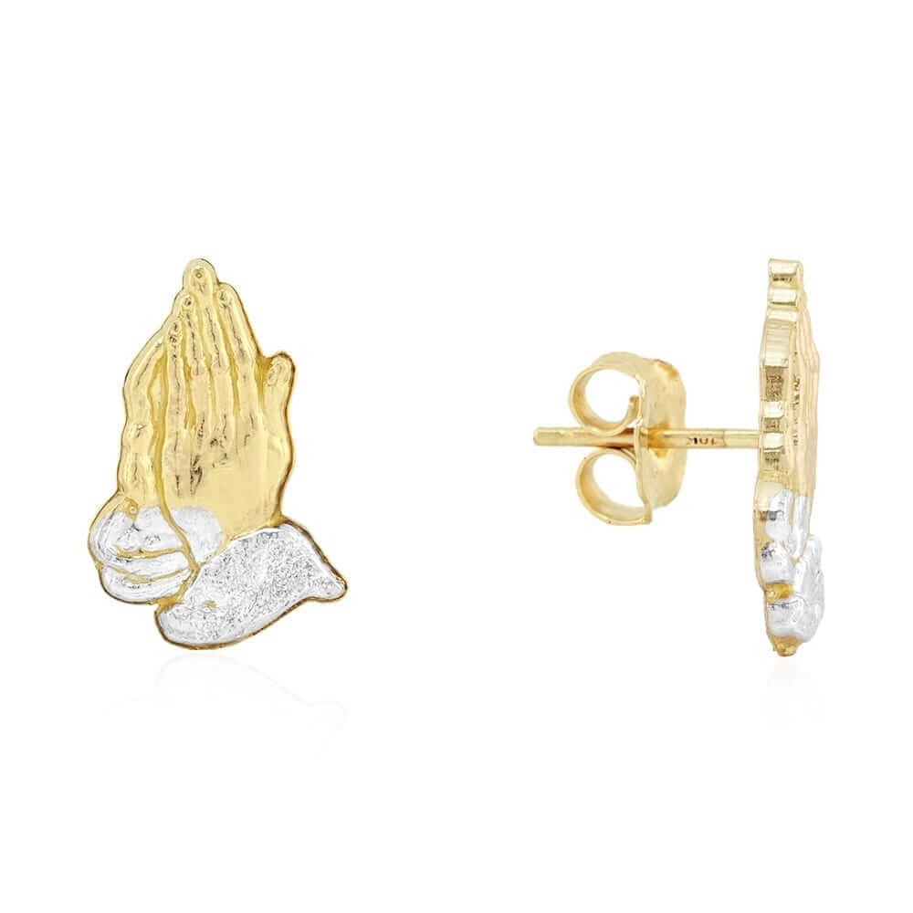 10k Yellow & White Gold Textured Praying Religious Hands Pushback Stud Earrings