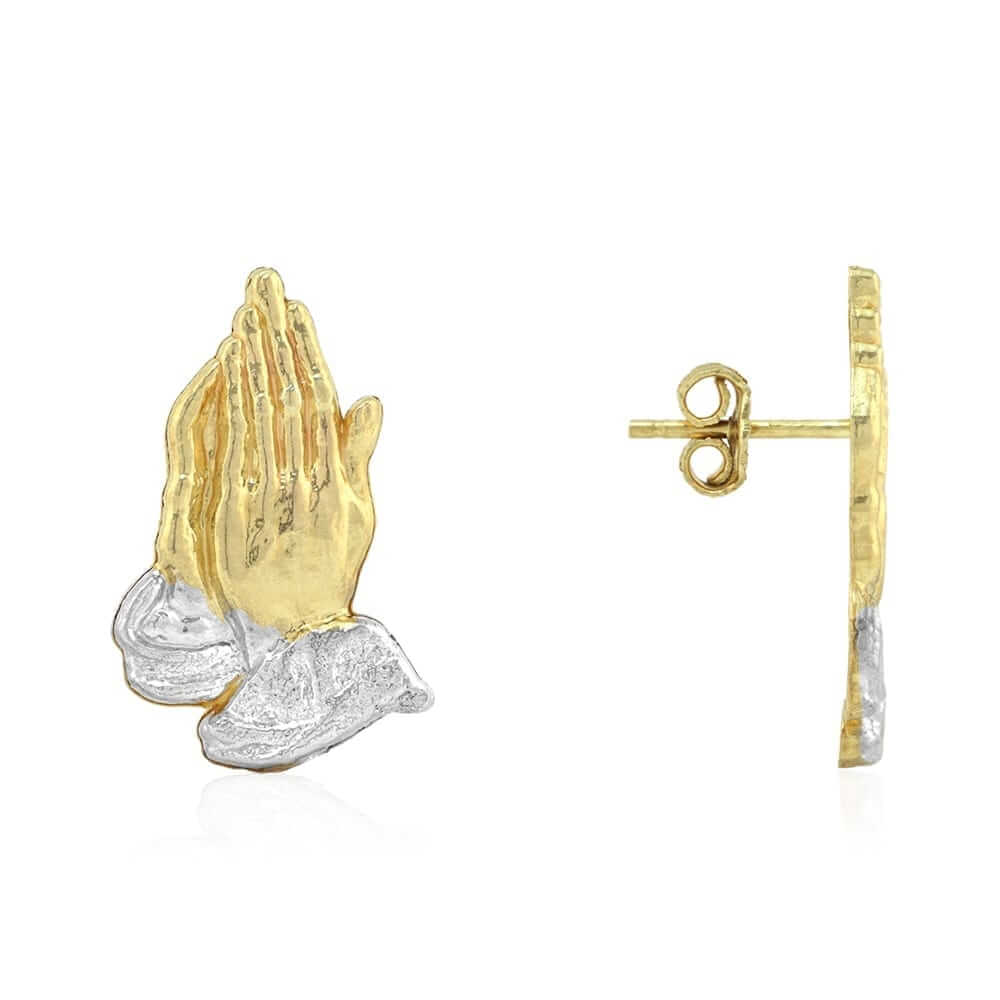 10k Yellow & White Gold Textured Praying Religious Hands Pushback Stud Earrings