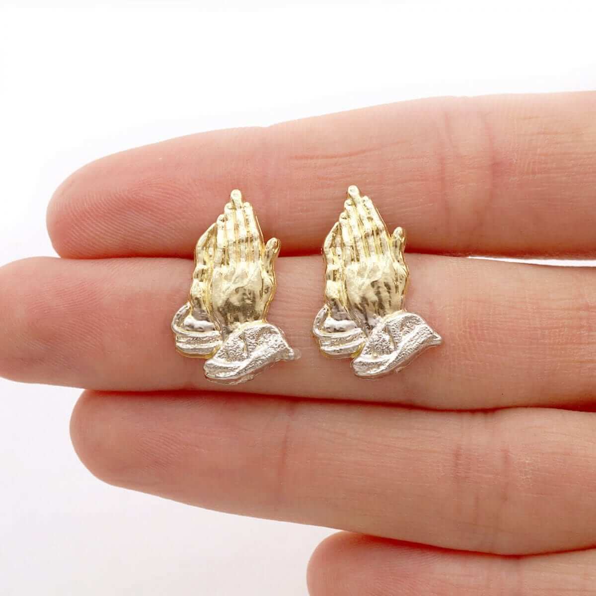 10k Yellow & White Gold Textured Praying Religious Hands Pushback Stud Earrings
