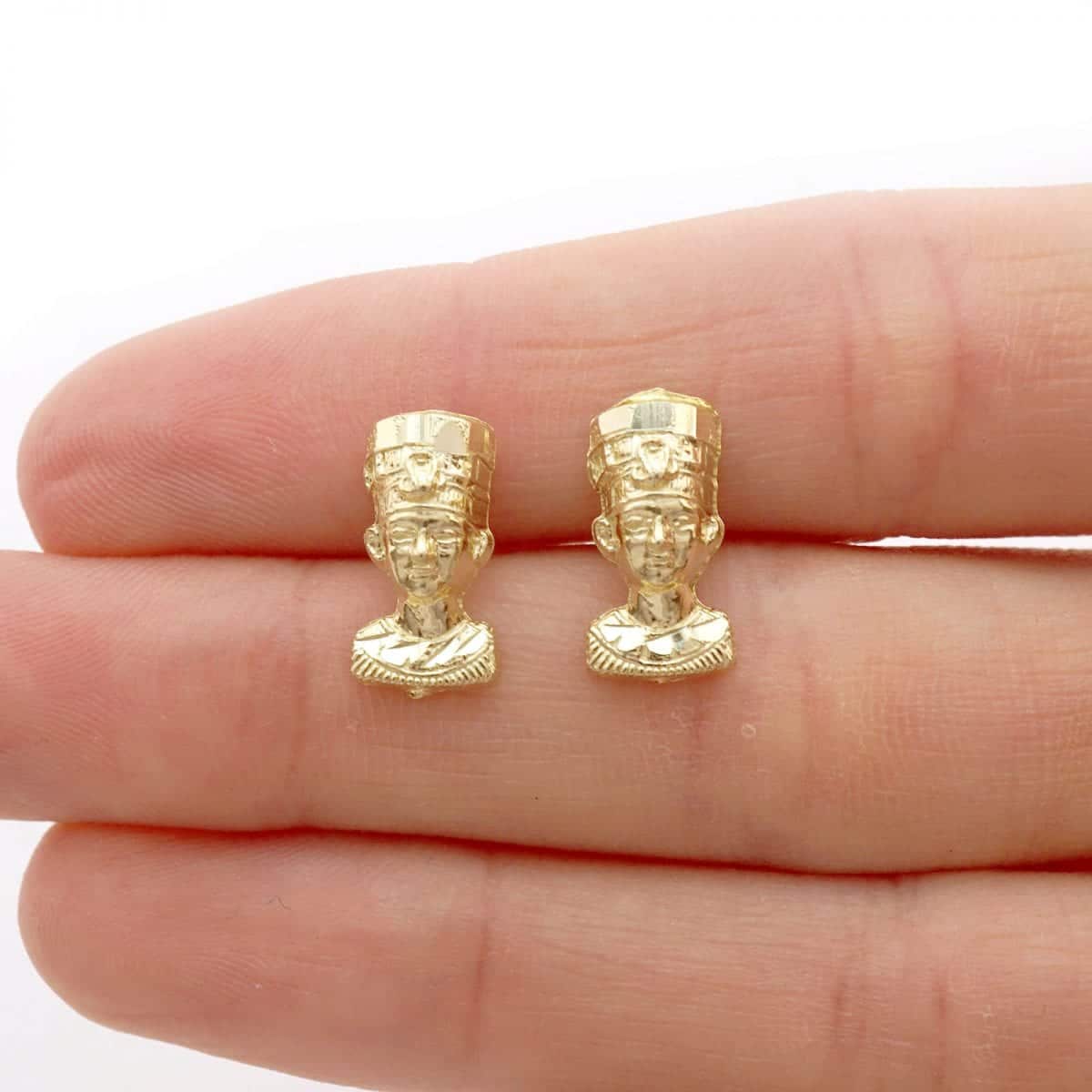 10k Yellow Gold Diamond Cut Textured Nefertiti Head Pushback Stud Earrings