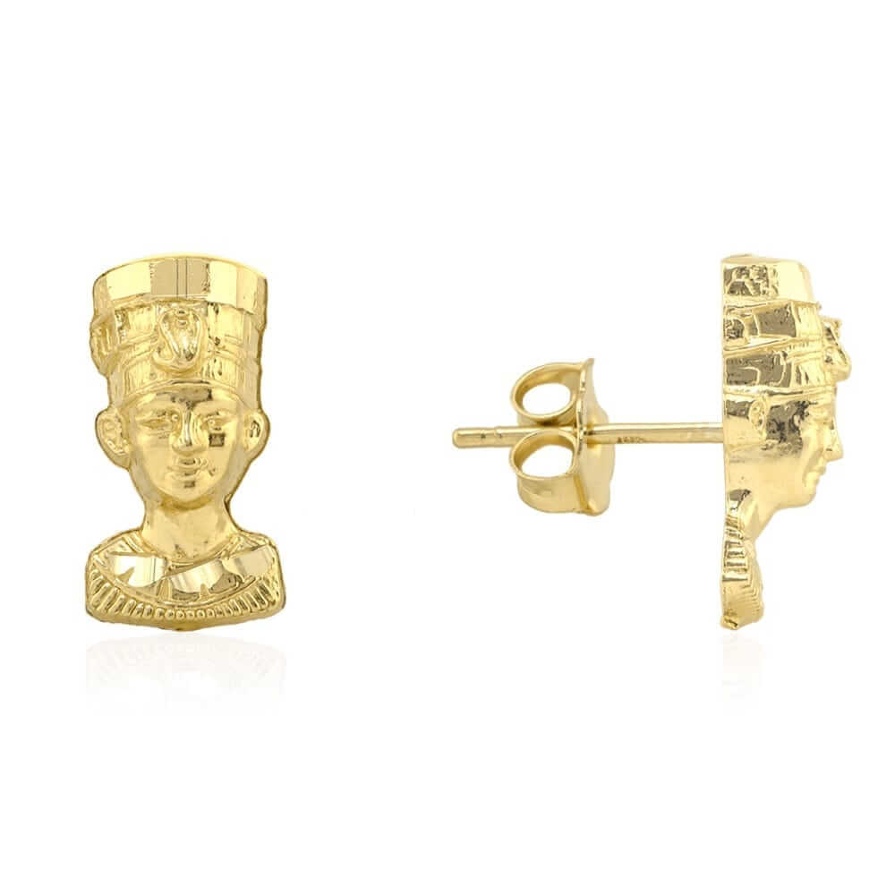 10k Yellow Gold Diamond-Cut Textured Nefertiti Head Pushback Stud Earrings
