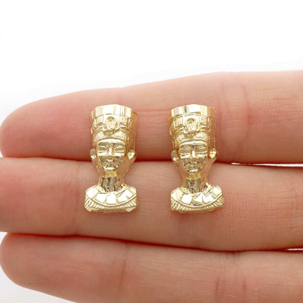 10k Yellow Gold Diamond-Cut Textured Nefertiti Head Pushback Stud Earrings
