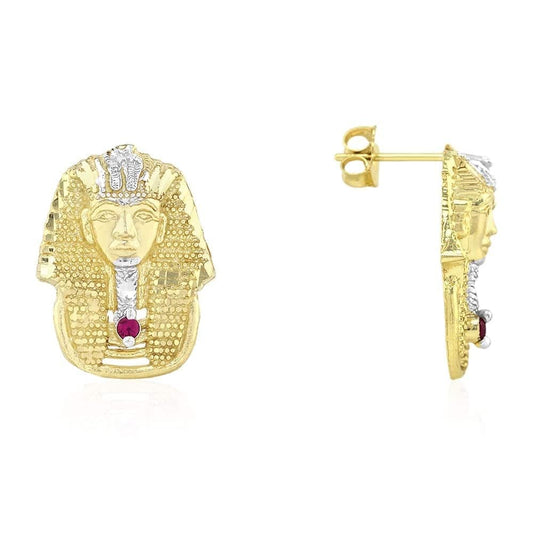 King Tut Pharaoh Head Diamond-Cut Ruby Stud Earrings 10K Solid Yellow Gold