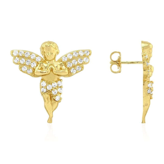 CZ Angel Stud Pushback Earrings Religious 1.80Ct 10k Yellow Gold