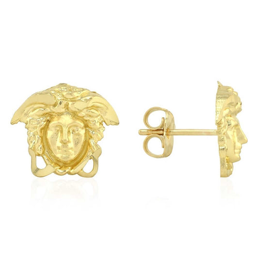 10k Yellow Gold Diamond-Cut Medusa Head Face Stud Push Back Earrings