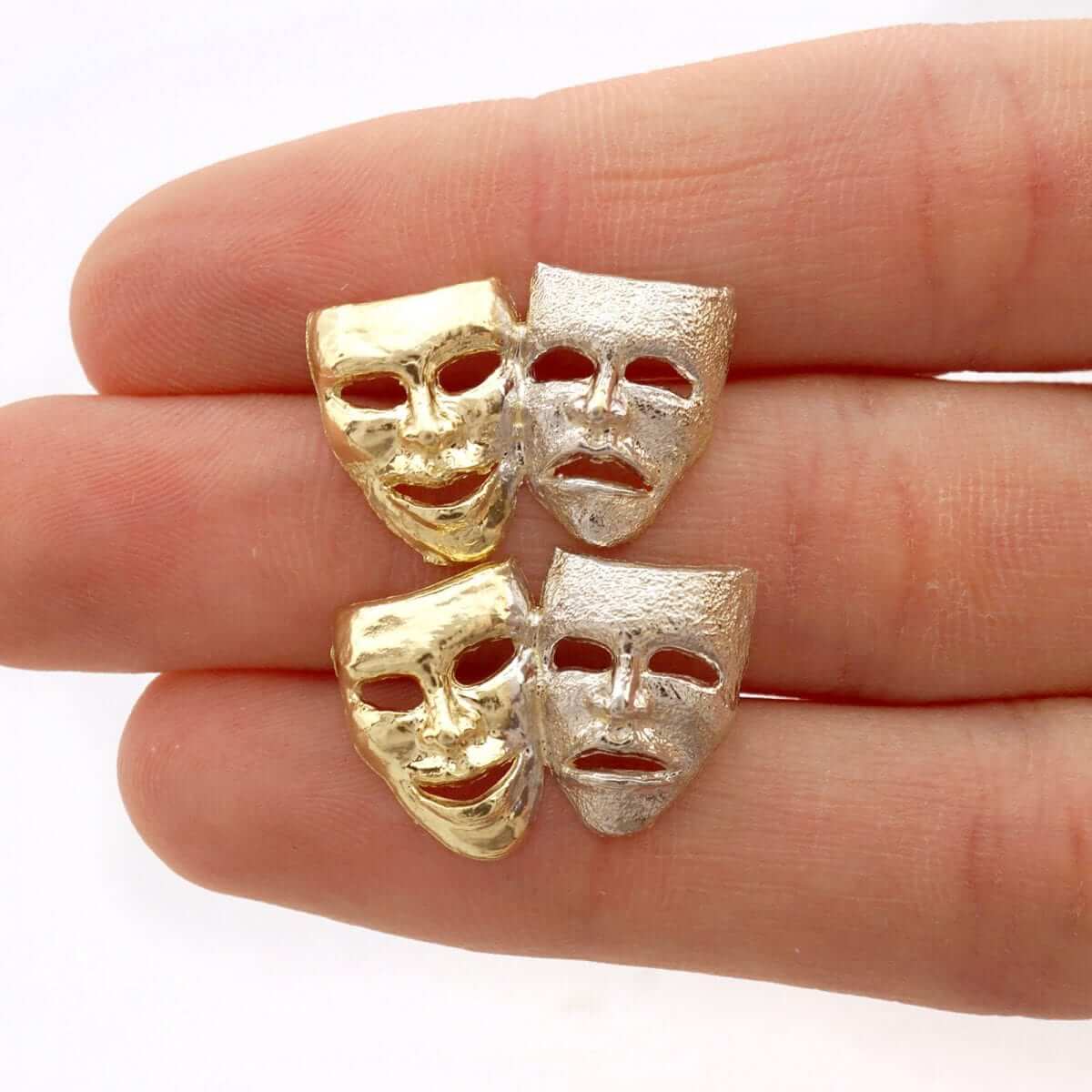 Comedy & Tragedy Masks Sock & Buskin Pushback Stud Earrings 10k Yellow Gold