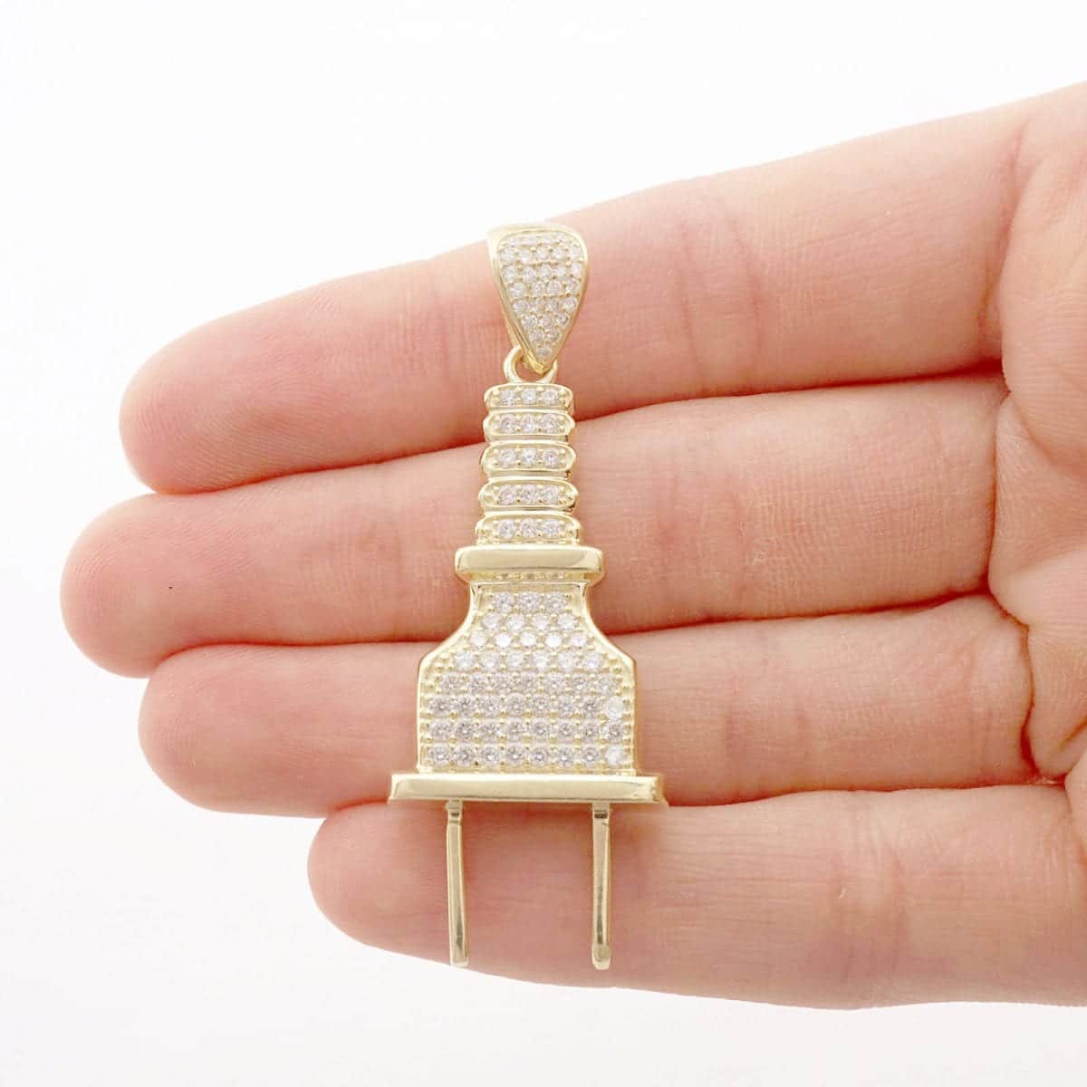 10k Yellow Gold 2.20Ct Created Diamond Pave Set Outlet Plug Pendant 1.97"