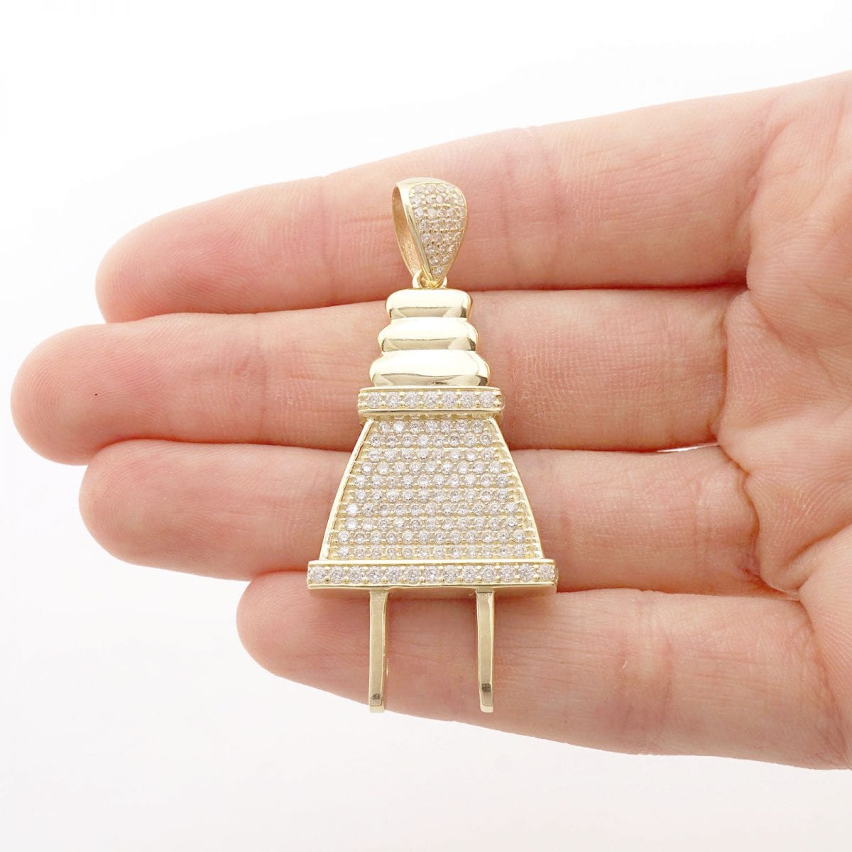 10k Yellow Gold Created Diamond Pave Set Outlet Plug Pendant 1.97"