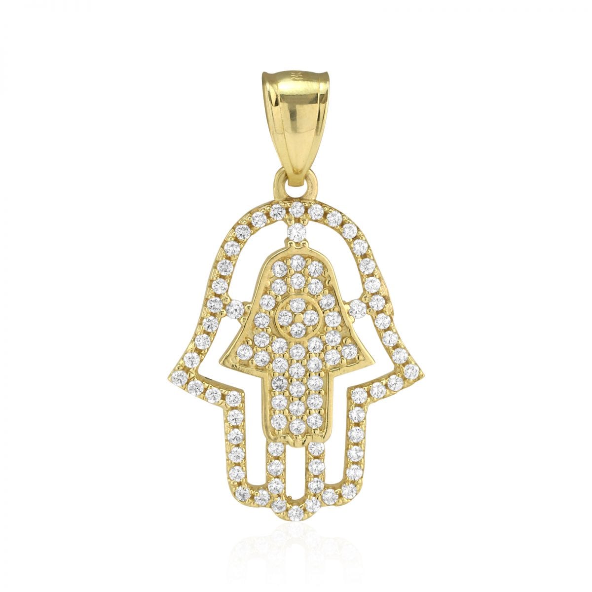 2Ct CZ Hamsa Hand Of Fatima 10k Yellow Gold Pendant 1.18"