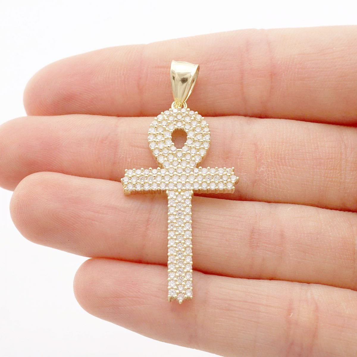 10k Yellow Gold Created Diamond Egyptian Ankh Religious Pendant 1.57"