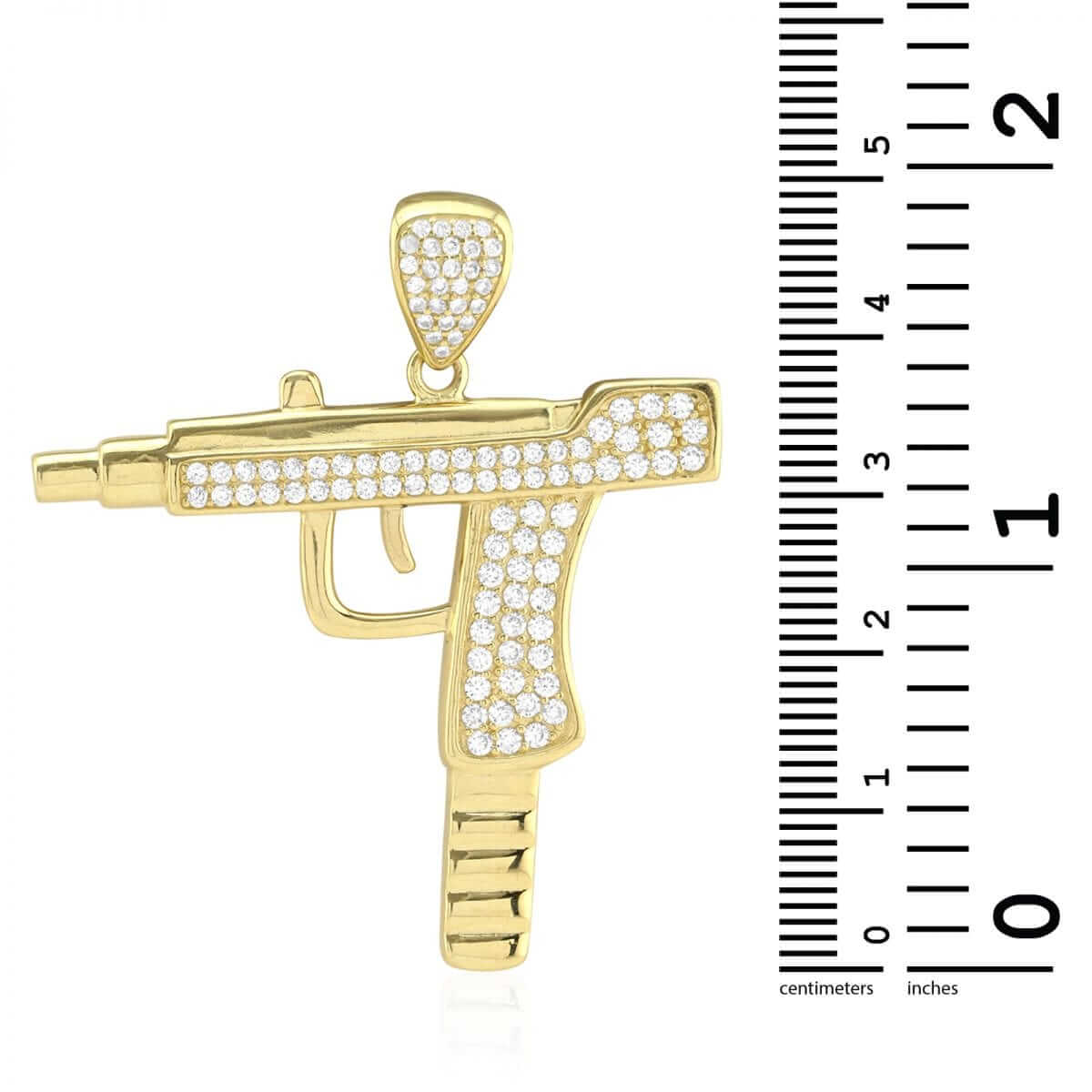 10k Yellow Gold CZ Pave Uzi Machine Pistol Gun Pendant 1.77"
