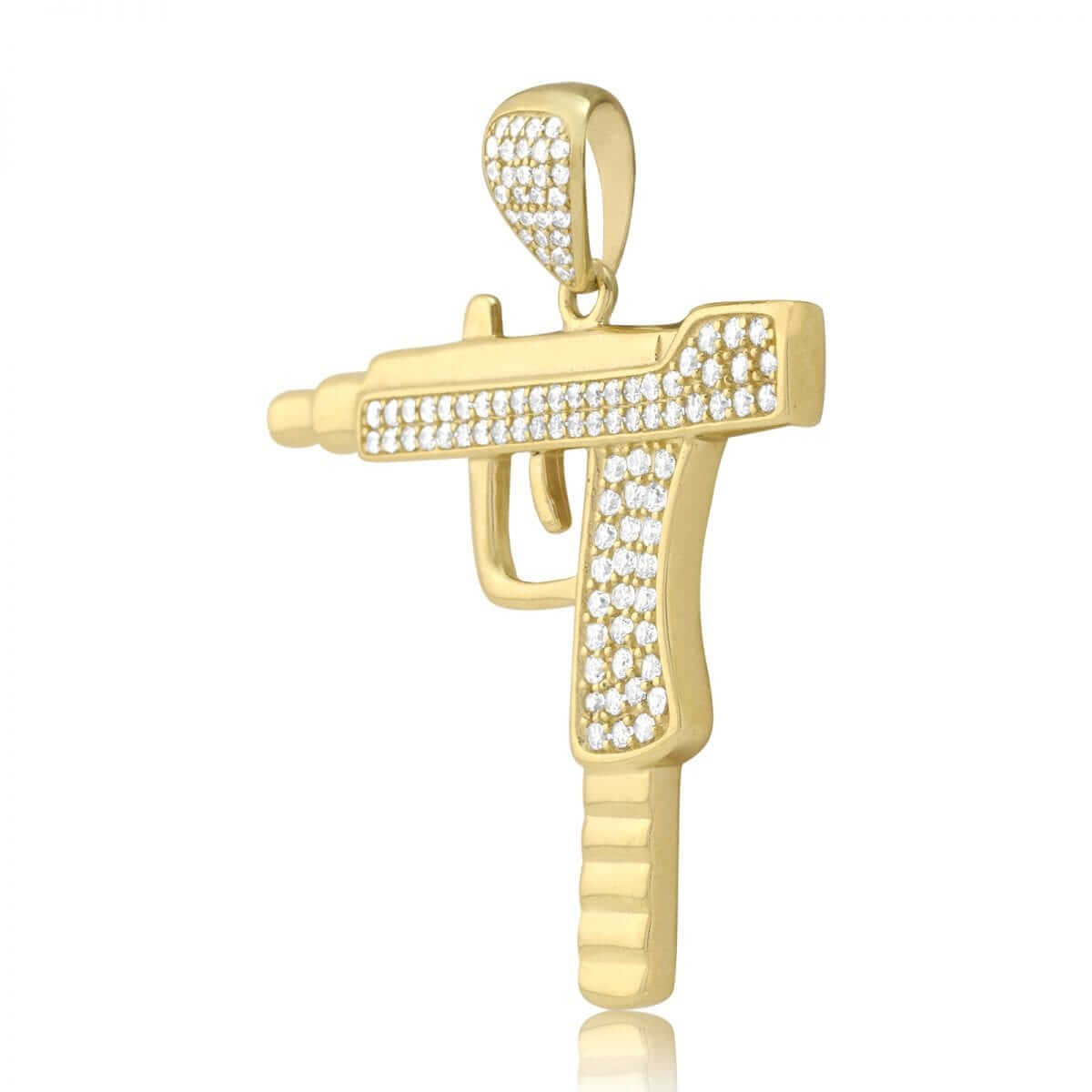 10k Yellow Gold CZ Pave Uzi Machine Pistol Gun Pendant 1.77"