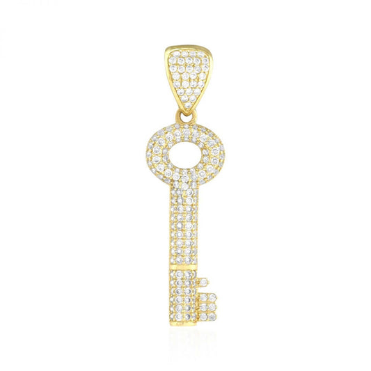 2.50Ct CZ Pave Set Key Shaped 10k Yellow Gold Pendant 1.57"