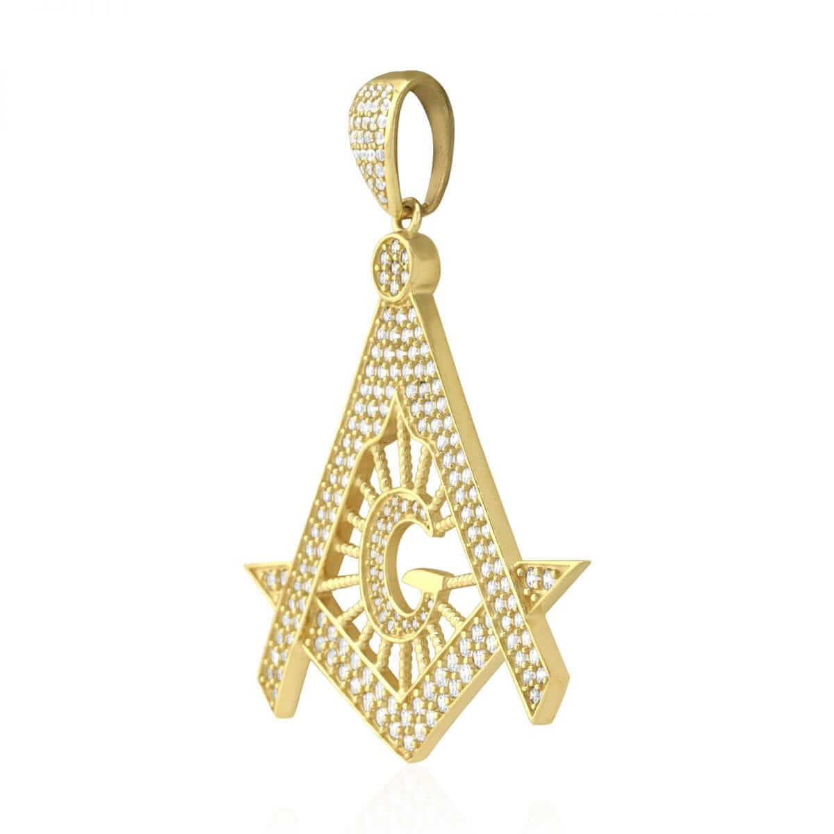3.50 CZ 10k Solid Yellow Gold Masonic Symbol Pendant 2"