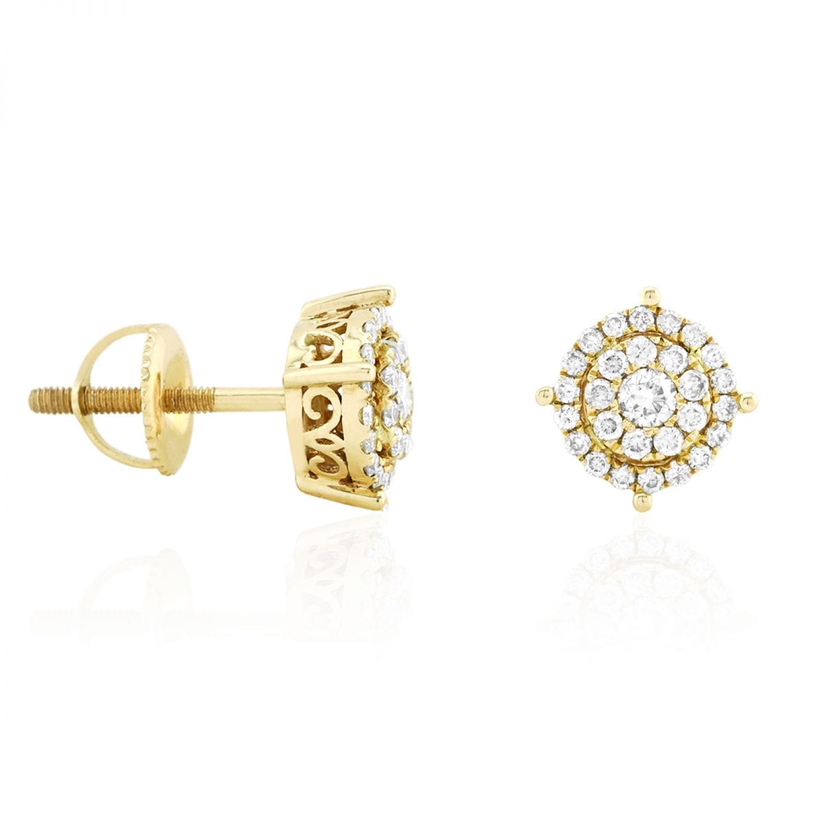 0.60Ct Real Diamond 14K Yellow Gold Studs Round Brilliant Cut Halo Cluster