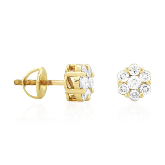 1.05Ct Natural Diamond 14k Yellow Gold Cluster Screw Back Stud Earrings 8mm