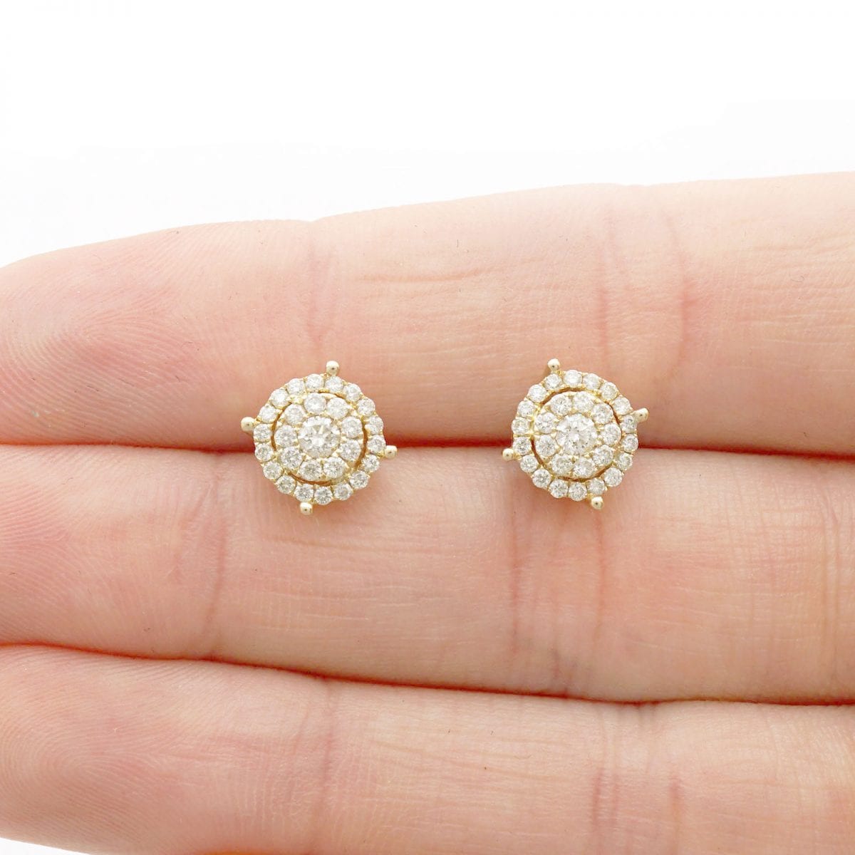 0.60Ct Real Diamond 14K Yellow Gold Studs Round Brilliant Cut Halo Cluster